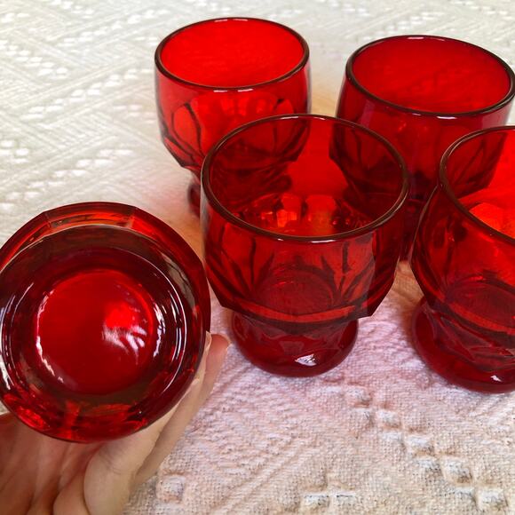 VTG Set 5 Anchor Hocking Ruby Red Georgian Honeycomb Rocks Glasses MCM 60s 70s - Picture 3 of 7